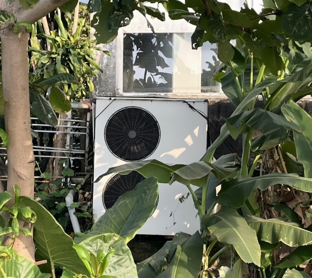 Air conditioning unit surrounded by tropical vegetation